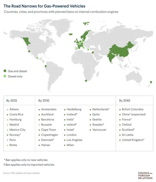 Map showing countries and cities that have pledged to ban gas-powered vehicles.