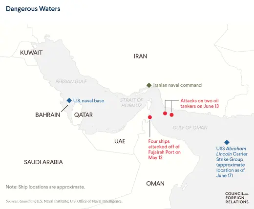 Map showing attacks on ships in Strait of Hormuz, Persian Gulf