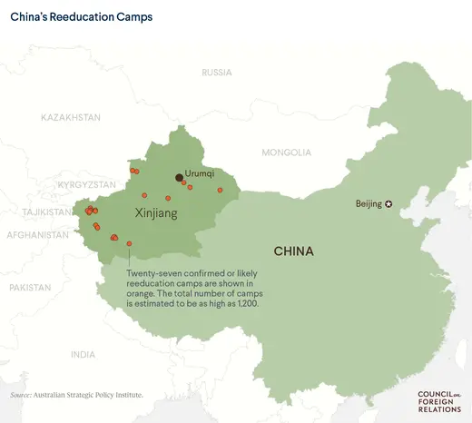 Map showing confirmed or likely reeducation camps in China's Xinjiang region