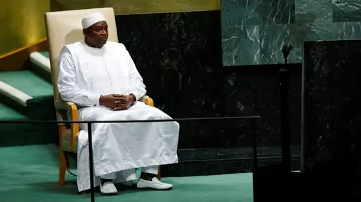 Gambia's President Adama Barrow sits in the chair reserved for heads of state before delivering his address during the seventy-third session of the United Nations General Assembly at U.N. headquarters in New York, September 25, 2018.