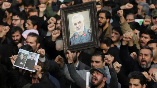 People gather in Tehran to stage a protest against the killing of Iranian Quds Force commander Qassim Soleimani by a U.S. air strike, January 3, 2020.