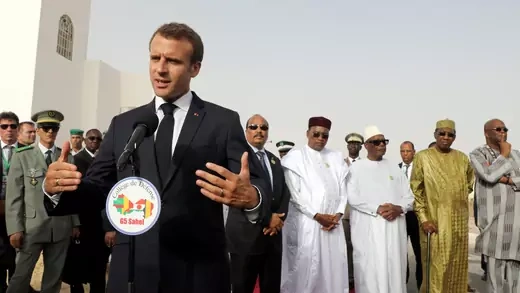 French President Emmanuel Macron delivers a speech during a press conference ahead of a G5 Sahel force meeting, with the heads of state for G5 Sahel countries, in Nouakchott, Mauritania, July 2, 2018.