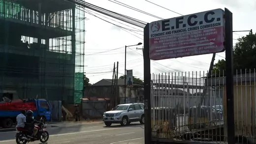 The sign of the Economic and Financial Crimes Commission (EFCC), one of Nigeria's primary anti-corruption agencies, in Lagos, Nigeria, on October 3, 2016. 