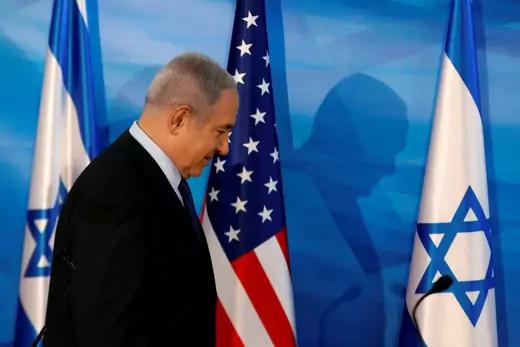 Israeli Prime Minister Benjamin Netanyahu walks to a meeting with the Trump administration in Jerusalem in October 2019. Ronen Zvulun/Reuters