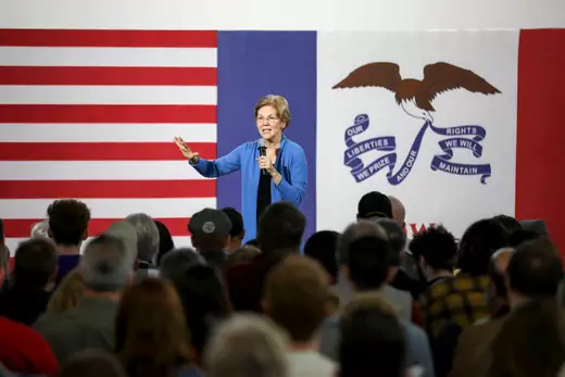 Senator Elizabeth Warren speaks to a crowd in Davenport, Iowa, on January 5. Daniel Acker/Reuters 