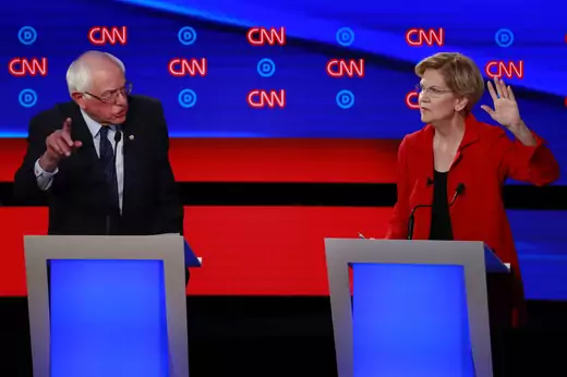 U.S. Senator Bernie Sanders and U.S. Senator Elizabeth Warren participate in the first night of the second 2020 Democratic U.S. presidential debate.