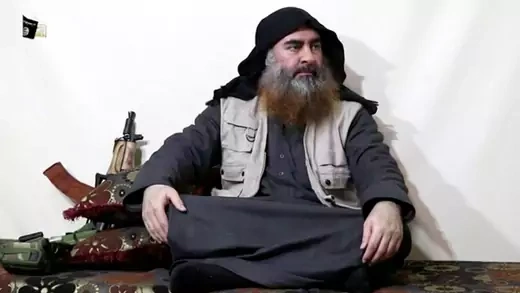 A bearded man with Islamic State leader Abu Bakr al-Baghdadi's appearance speaks in this screen grab taken from video released on April 29, 2019.