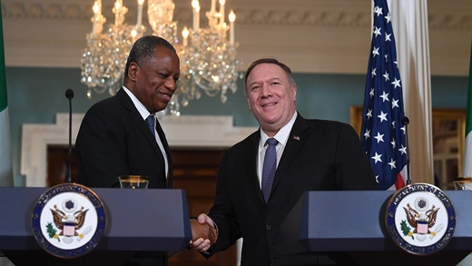 Nigerian Minister of Foreign Affairs Geoffrey Onyeama shakes hands with US Secretary of State Mike Pompeo at the Department of State on February 4, 2020, in Washington, DC. 