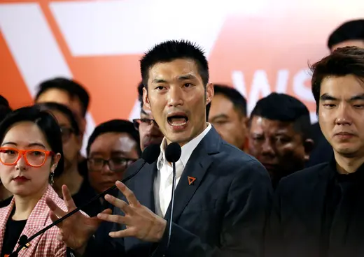 Future Forward Party leader Thanathorn Juangroongruangkit gives a speech, at the party's headquarters in Bangkok, Thailand on February 21, 2020.