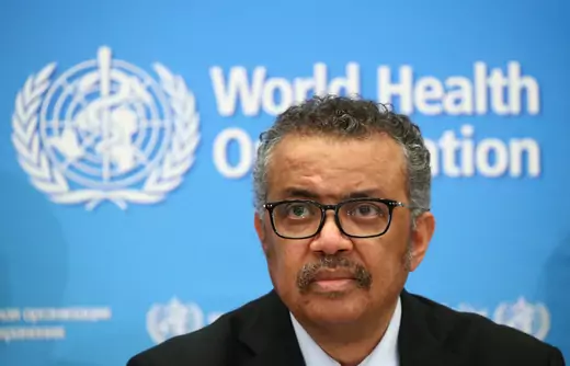 Director-General of the WHO Tedros Adhanom Ghebreyesus, attends a news conference on COVID-2019 in Geneva.