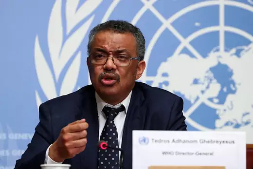 Director-General of the World Health Organization (WHO) Tedros Adhanom Ghebreyesus speaks during a news conference.