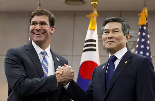 U.S. Defense Secretary Mark Esper and South Korean Defense Minister Jeong Kyeong-doo pose ahead of a meeting at the Defense Ministry in Seoul, South Korea, on August 9, 2019. 