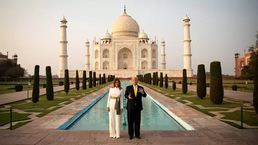 President Trump and First Lady Melania Trump stand in front of the Taj Mahal in India. 