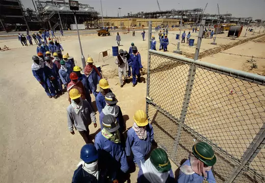 Foreign labourers leave their work to have lunch at the Haradh gas site, one of the largest in the world, south of the vast Ghawar oil fields in the prosperous region of Hassa, Saudi Arabia.