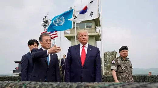 U.S. President Donald J. Trump and South Korean President Moon Jae-in visit the demilitarized zone separating the two Koreas, in Panmunjom, South Korea, on June 30, 2019. 