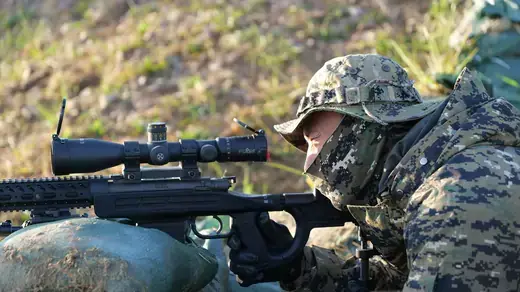 A member of South Korea Special Warfare Command takes part in a joint military exercise conducted by South Korean and U.S. special forces troops at Gunsan Air Force base in Gunsan, South Korea, on November 14, 2019. 