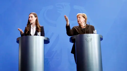 Finland's Prime Minister Sanna Marin and Germany's Chancellor Angela Merkel at a news conference in Berlin, Germany. February 19, 2020. Michele Tantussi/REUTERS