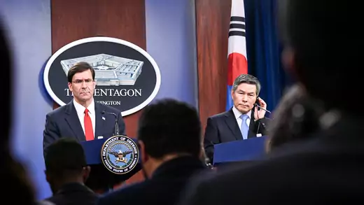 U.S. Defense Secretary Mark Esper and South Korea's National Defense Minister Jeong Kyeong-doo participate in a news conference at the Pentagon in Washington, DC, on February 24, 2020.