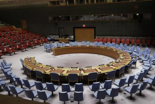 The chairs of the UN Security Council sit empty at UN headquarters
