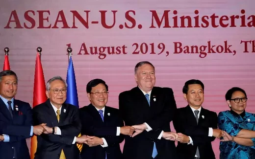 U.S. Secretary of State Mike Pompeo poses with his ASEAN counterparts for a family photo during the ASEAN Foreign Ministers' Meeting in Bangkok, Thailand on August 1, 2019.