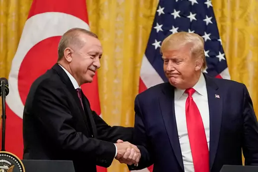 U.S. President Donald Trump greets Turkey's President Tayyip Erdogan during a joint news conference at the White House in Washington, U.S., November 13, 2019.