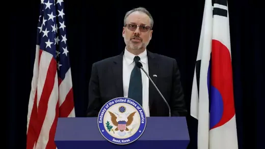 James DeHart, senior adviser for security negotiations at the U.S. State Department, speaks after meeting with his South Korean counterpart on the Special Measures Agreement (SMA) in Seoul, South Korea, on November 19, 2019. 