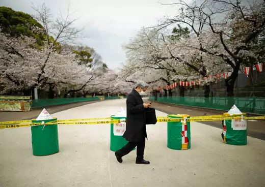 A man wearing a protective face mask, following an outbreak of the coronavirus disease (COVID-19), walks past a closed cherry blossom viewing spot during the first weekend after Tokyo Governor Yuriko Koike (not pictured) urged Tokyo residents to stay indoors in a bid to keep the coronavirus disease from spreading, at Ueno park in Tokyo, Japan March 28, 2020.