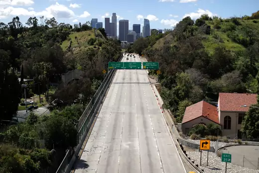 The 110 freeway in Los Angeles, California, is empty of traffic amid a stay-at-home order in the state.