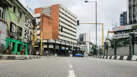 A street-level view of a deserted road in the central business district is pictured on the first day of a 14-day lockdown aimed at limiting the spread of coronavirus disease (COVID-19) in Lagos, Nigeria, on March 31, 2020. 