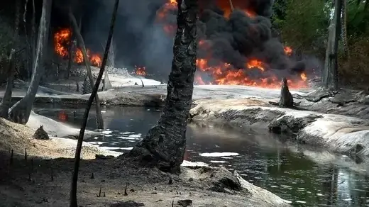 Oil from a leaking pipeline burns in Goi-Bodo, a swamp area of the Niger Delta, October 12, 2004.