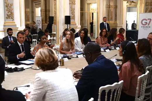 French President Emmanuel Macron leads a meeting of the G7 Gender Equality Advisory Council with Executive Director of UN Women Phumzile Mlambo-Ngcuka at the Élysée presidential palace in Paris on August 23, 2019.