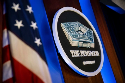 The Pentagon logo is seen behind the podium in the Pentagon briefing room, in Arlington, Virginia, on January 8, 2020. 