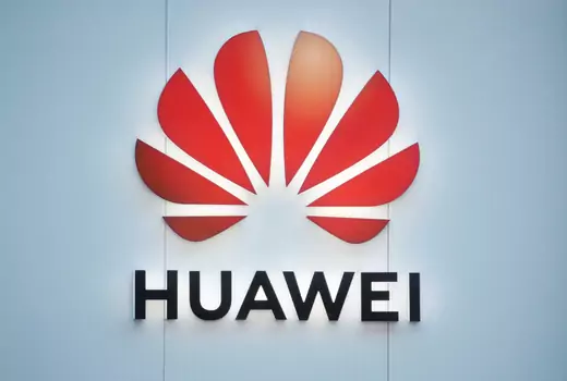 The logo of Huawei is seen in Davos, Switzerland.