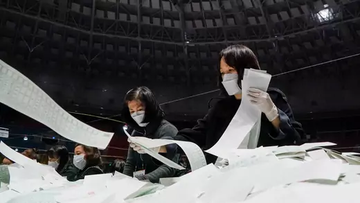 National Election Commission officials count ballots for the parliamentary elections, amid the COVID-19 outbreak, in Seoul, South Korea, on April 15, 2020.
