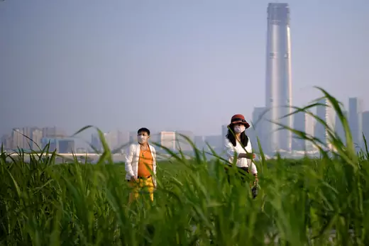 A woman and man walk through tall grass at a park with the Wuhan, China, cityscape behind them.