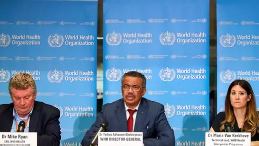 Three leaders of World Health Organization, including Director-General Tedros Adhanom Ghebreyesus, at a news conference on the novel coronavirus.