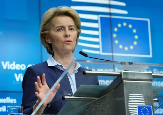 European Commission President Ursula von der Leyen speaks from a podium in Brussels, Belgium.