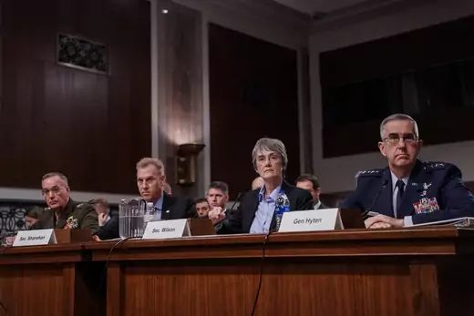 Chairman of the Joint Chiefs of Staff Gen. Joseph F. Dunford Jr., Acting Defense Secretary Patrick Shanahan, Secretary of the Air Force Heather Wilson and Air Force Gen. John E. Hyten testify at a Senate Armed Services hearing.