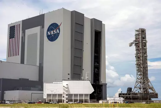 NASA rolls back the the Artemis launch tower from Pad 39B at the Kennedy Space Center in Cape Canaveral, Florida