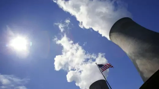American flag flutters in front of a nuclear facility in Pottstown, Pennsylvania.