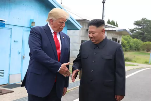 A handout photo provided by Dong-A Ilbo of North Korean leader Kim Jong Un and U.S. President Donald Trump inside the demilitarized zone (DMZ) separating the South and North Korea.