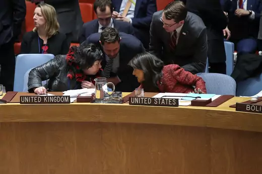 British Ambassador to the United Nations Karen Pierce talks with United States Ambassador to the United Nations Nikki Haley after the third draft resolution to create a new inquiry to find blame for the chemical weapons attack last week in Douma, Syria.