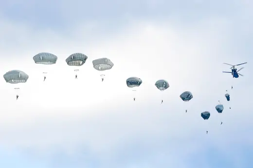 U.S. Army paratroopers participate in a proficiency jump at Grafenwoehr Training Area in Bavaria, Germany, on August 14, 2019.