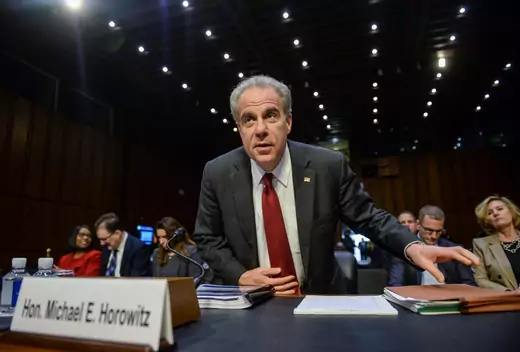 U.S. Justice Department Inspector General Michael Horowitz arrives to testify before a Senate Judiciary Committee hearing "Examining the Inspector General's report on alleged abuses of the Foreign Intelligence Surveillance Act (FISA)."