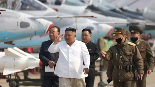 North Korean leader Kim Jong-un visits a pursuit assault plane group under the Air and Anti-Aircraft Division in western North Korea on an unknown date. KCNA/Reuters