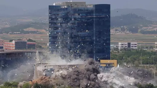 A view of the explosion of North Korea's joint liaison office with South Korea in the border town of Kaesong, North Korea in this picture supplied by North Korea's Korean Central News Agency (KCNA) on June 16, 2020. 