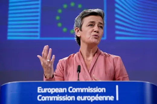 European Union Commission Executive Vice President Margrethe Vestager talks during a video news conference, to present a "White Paper" to better arm the EU against unfair competition from heavily subsidised foreign companies, at the European Commission.