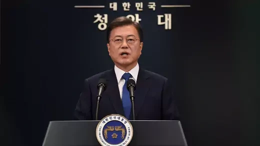 South Korean President Moon Jae-in speaks on the occasion of the third anniversary of his inauguration at the presidential Blue House in Seoul, South Korea, on May 10, 2020.
