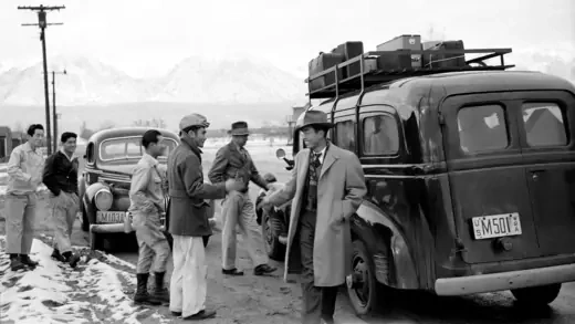 Japanese-American internees departing the Manzanar Relocation Center in California.