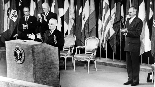 U.S. President Truman addresses the Japanese Peace Treaty Conference in San Francisco.